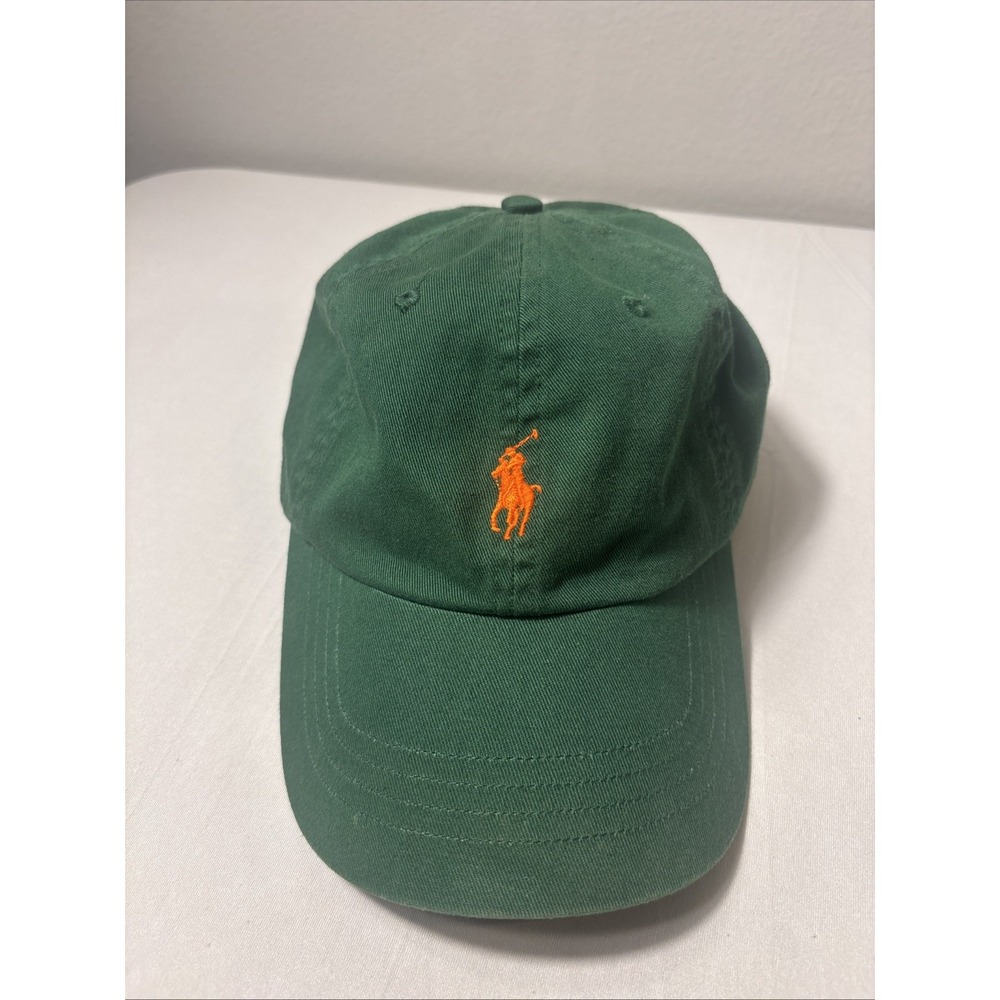 Polo Ralph Lauren Green Baseball Cap Orange Pony Logo Adjustable Cotton Hat OS